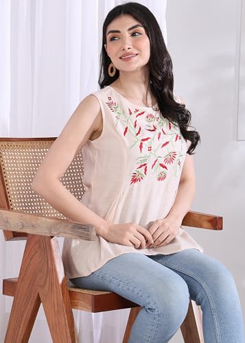 Yash Gallery Women's Rayon Slub Embroidered Straight Regular Fit Top for Women