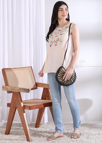 Yash Gallery Women's Rayon Slub Embroidered Straight Regular Fit Top for Women