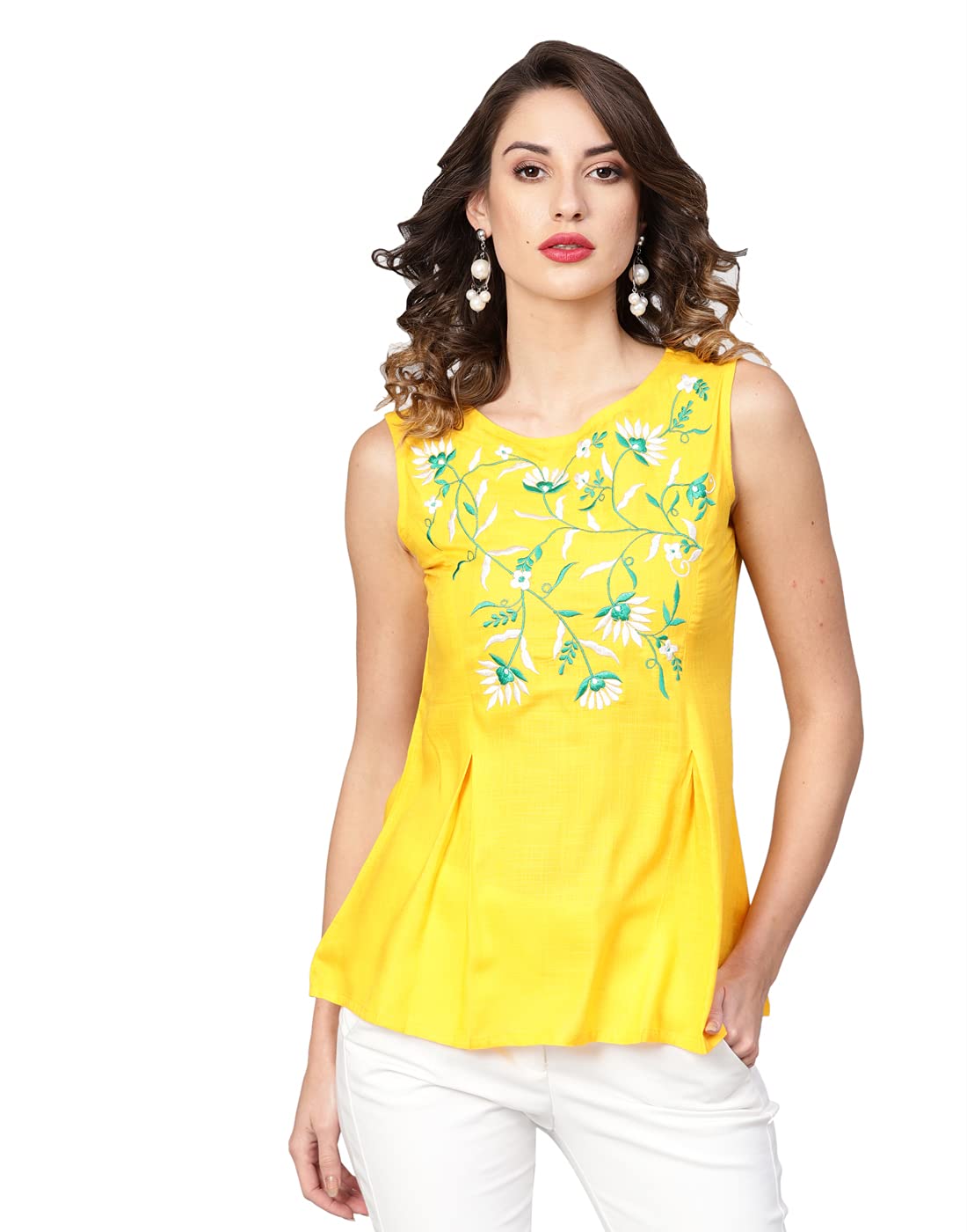 Yash Gallery Women's Rayon Slub Embroidered Straight Regular Fit Top for Women