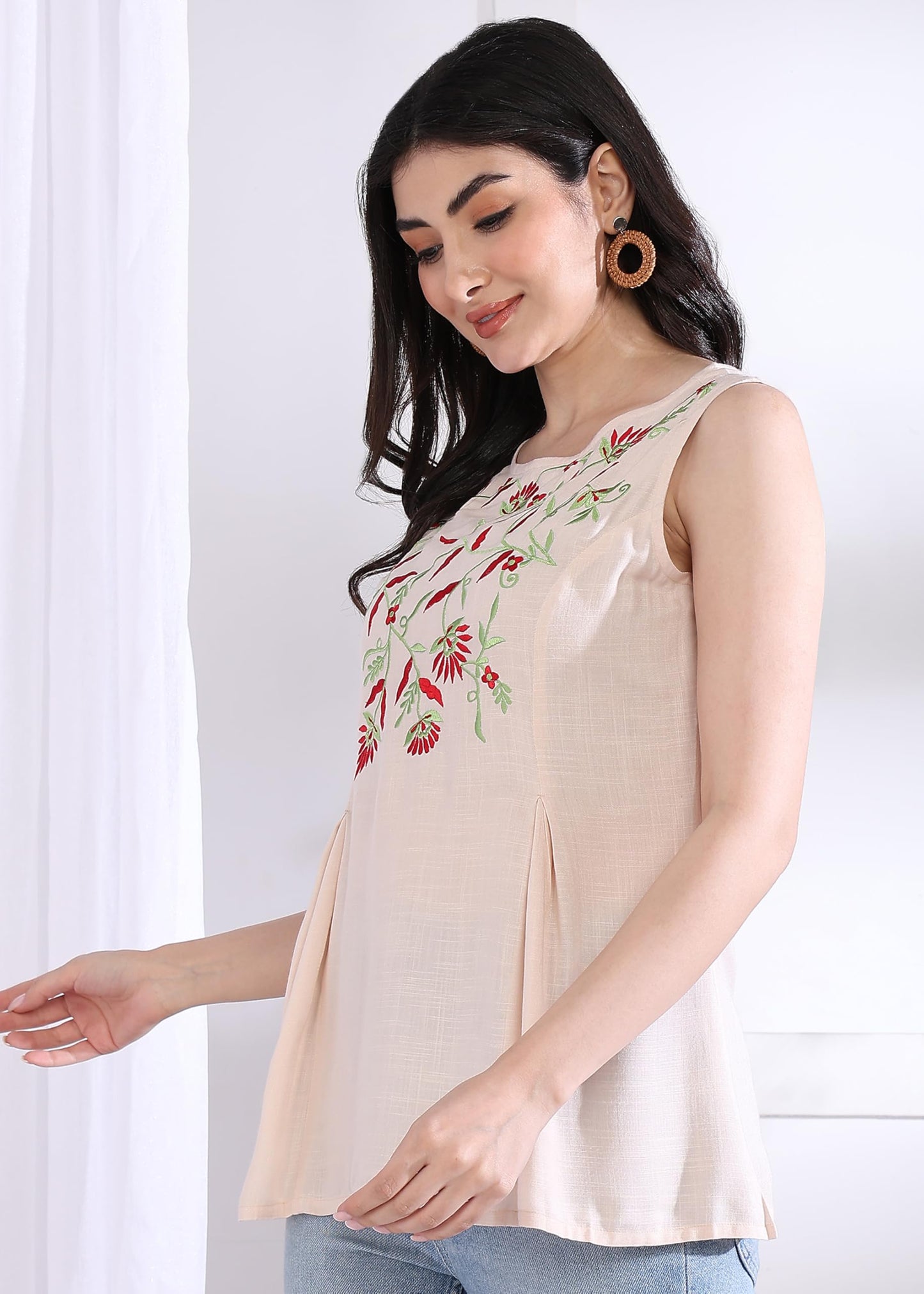 Yash Gallery Women's Rayon Slub Embroidered Straight Regular Fit Top for Women