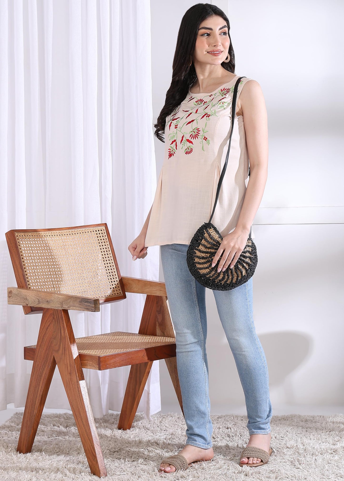 Yash Gallery Women's Rayon Slub Embroidered Straight Regular Fit Top for Women