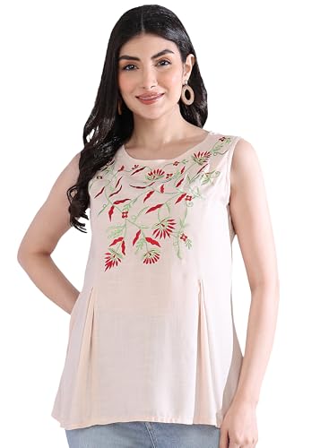 Yash Gallery Women's Rayon Slub Embroidered Straight Regular Fit Top for Women