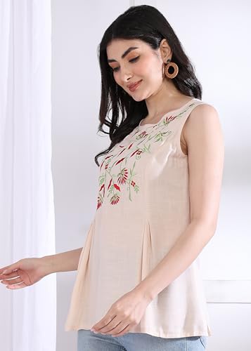 Yash Gallery Women's Rayon Slub Embroidered Straight Regular Fit Top for Women