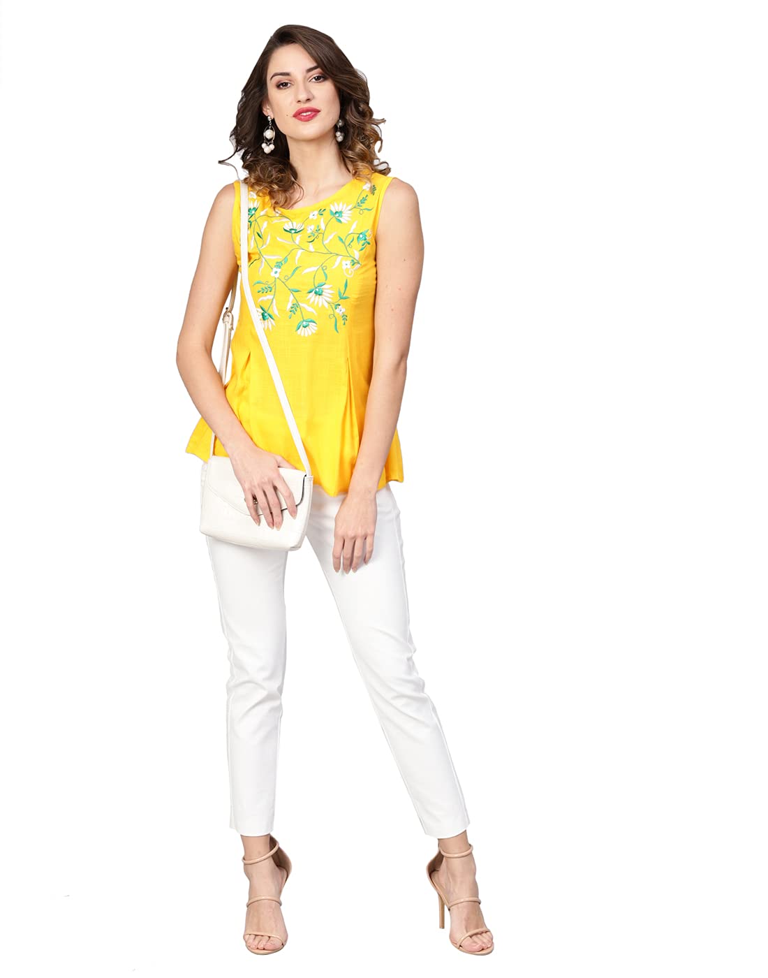 Yash Gallery Women's Rayon Slub Embroidered Straight Regular Fit Top for Women