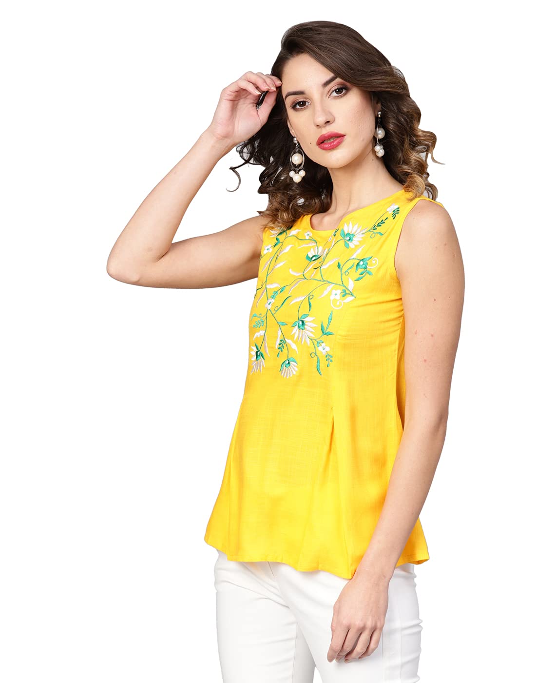 Yash Gallery Women's Rayon Slub Embroidered Straight Regular Fit Top for Women